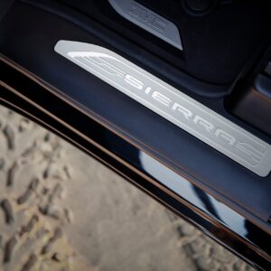 Front Door Sill Plates with Jet Black Surround and Sierra Script