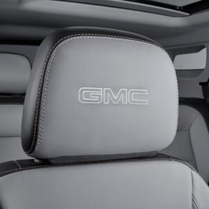 Vinyl Headrest in Medium Ash Gray with Embroidered GMC Script in Medium Gray Stitching