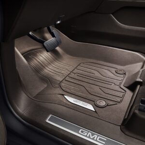 First-Row Premium All-Weather Floor Liners in Very Dark Atmosphere with Chrome GMC Logo